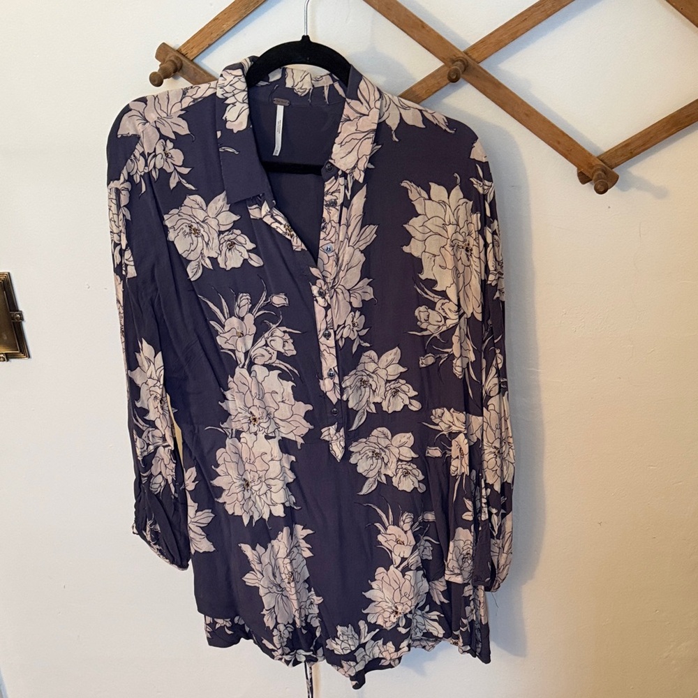 Floral Women's Top/Dress/Tunic - Blue and Cream